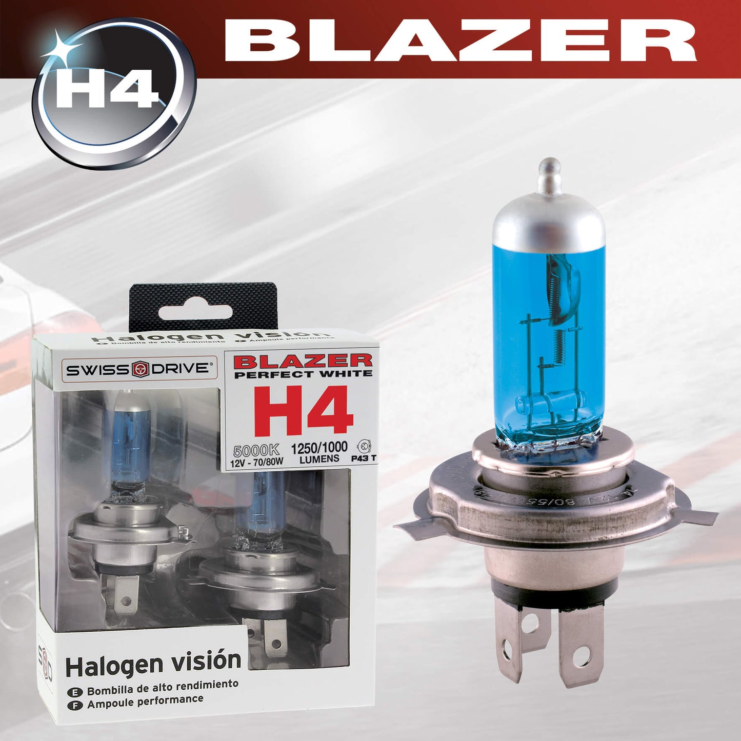 Lâmpadas Luz Xénon Car + BLAZER H4 12V 70/80W 5000K Base P43T 2 Peças