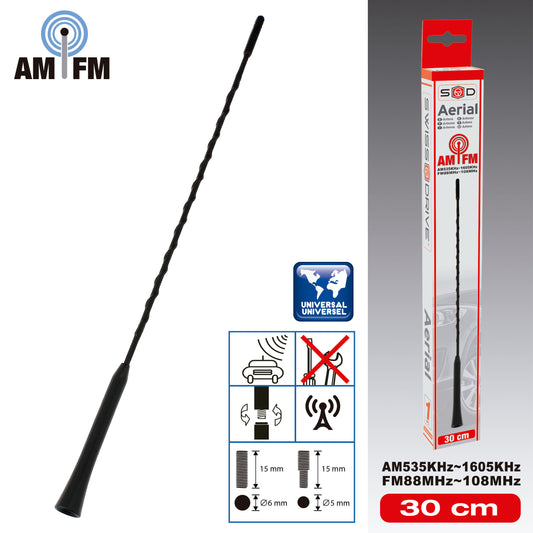 Antena Radio Automóvel Universal 30cm negra com Adaptador blister