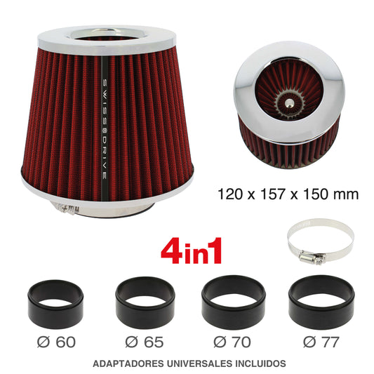 Filtro de Ar SWISS DRIVE " Stream Air " Universal C/ Adaptador Vermelho