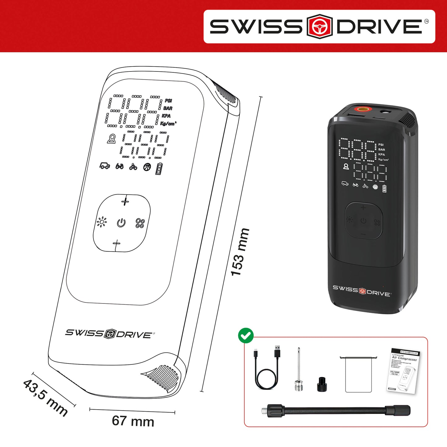 Compressor Ar de Pneus Bateria Lithium, SWISS DRIVE 14,80 Wh