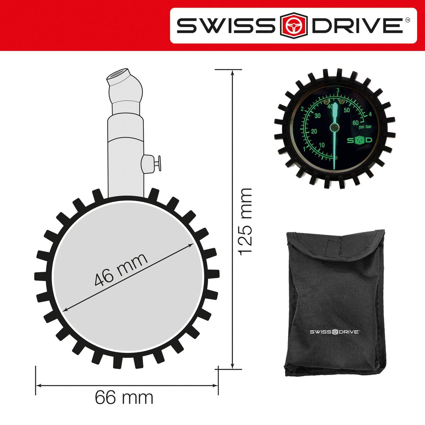 Manómetro Pressão Ar Pneus SWISS DRIVE 0-4BAR / 0-60PSI