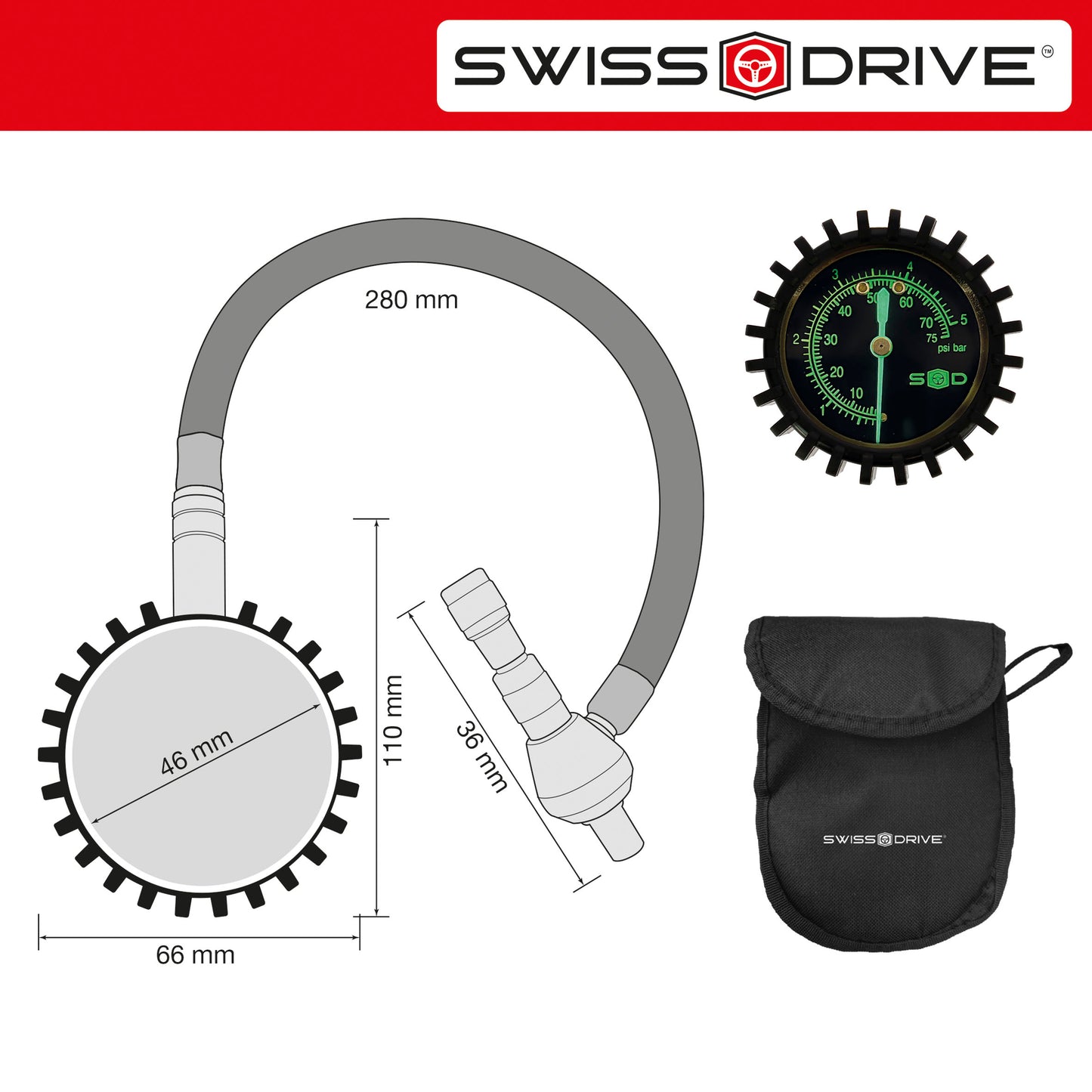 Manómetro Pressão Ar Pneus SWISS DRIVE 0-5BAR / 0-75PSI