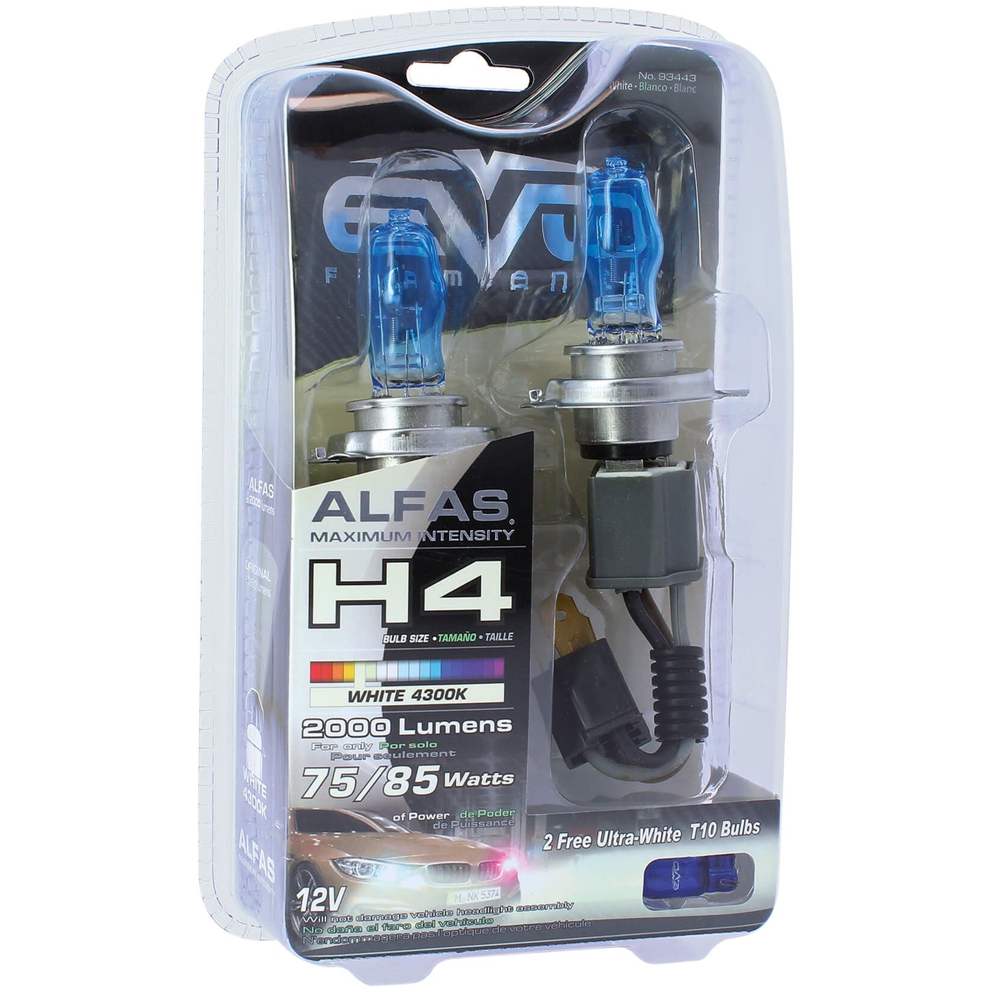 Lâmpadas EVO Alfas Intensidade Máxima H4 12V 85W 4300K 2 UND + 2 Lâmpadas Ultra White T10 Bulbs