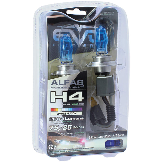 Lâmpadas EVO Alfas Intensidade Máxima H4 12V 85W 4300K 2 UND + 2 Lâmpadas Ultra White T10 Bulbs