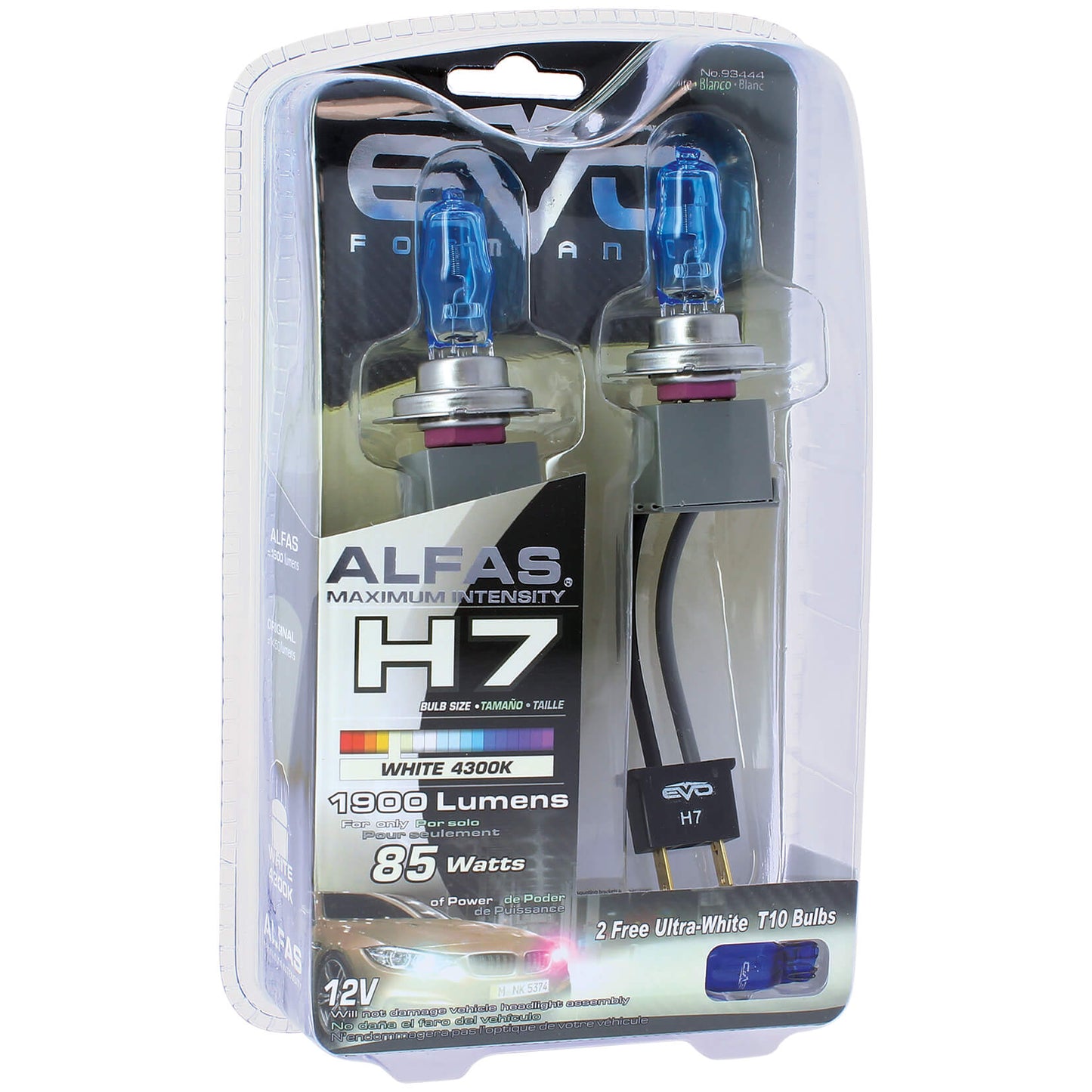 Lâmpadas EVO Alfas Intensidade Máxima  H7 12V 85W 4300K 2 UND + 2 Lâmpadas Ultra White T10 Bulbs
