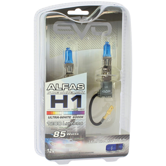 Lâmpadas EVO Alfas Ultra- White H1 12V 85W 6000K 2 UND + 2 Lâmpadas Ultra White T10 Bulbs