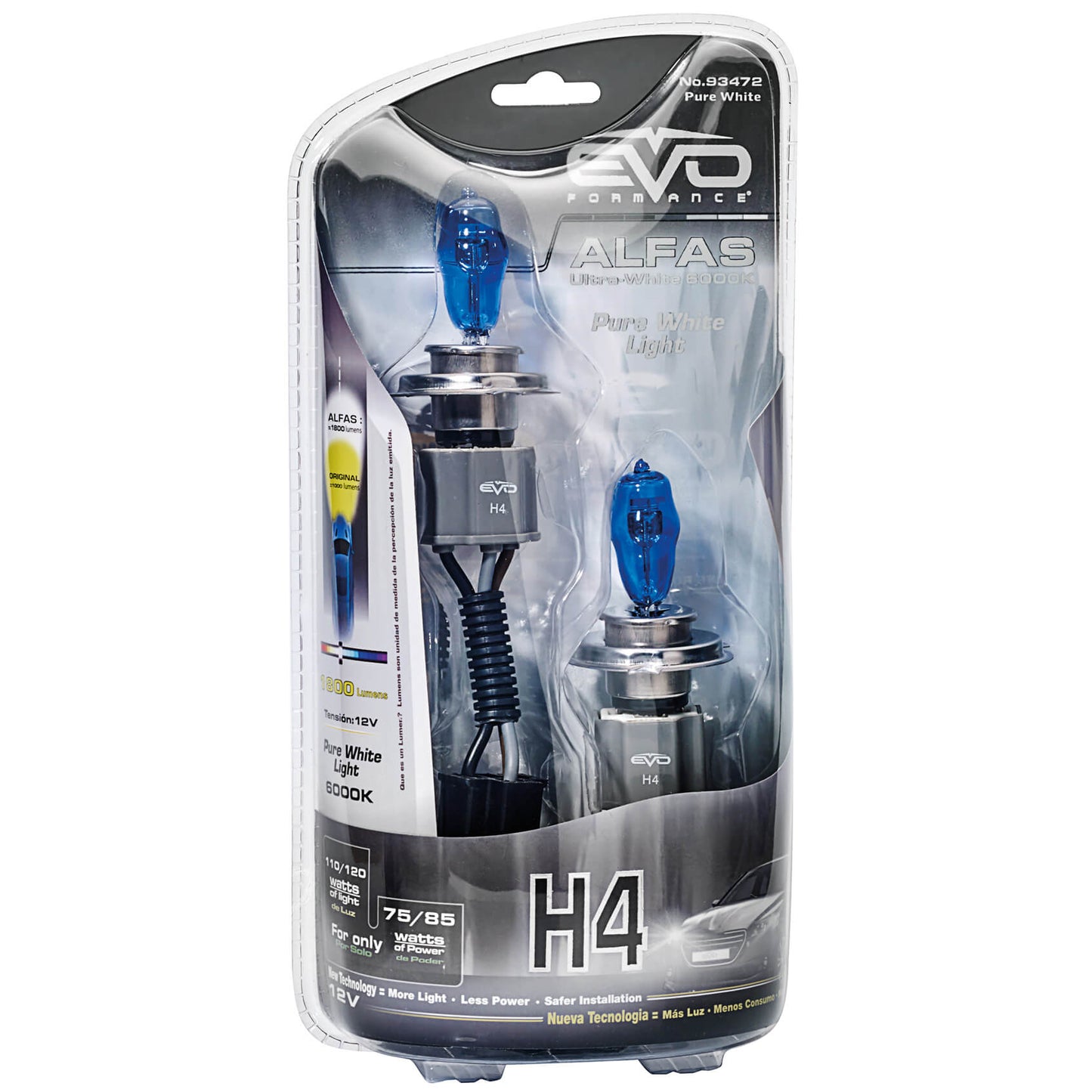 Lâmpadas EVO Alfas Ultra- White H4 12V 85W 6000K 2 UND + 2 Lâmpadas Ultra White T10 Bulbs