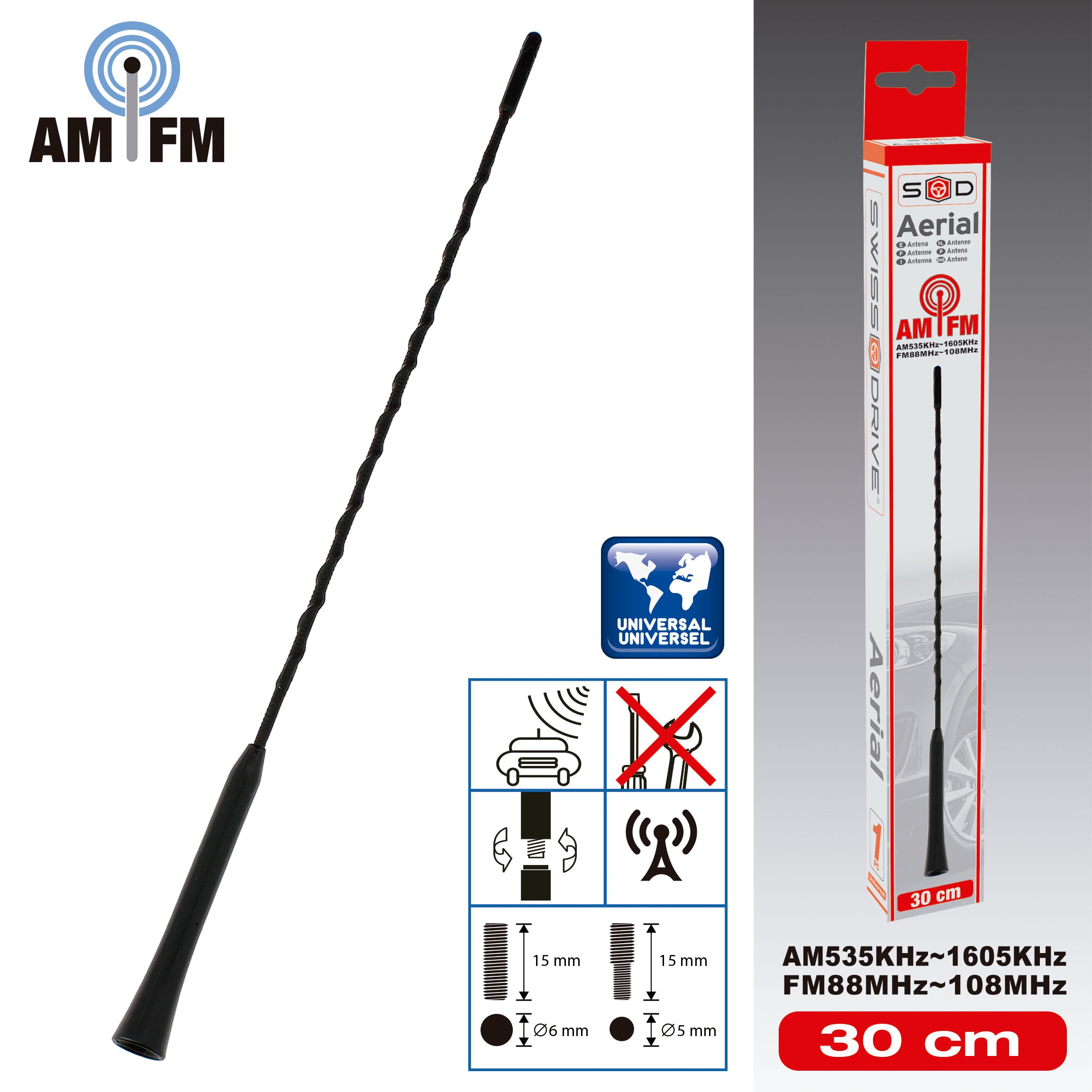 Antena Radio Universal 30cm negra com Adaptador blister