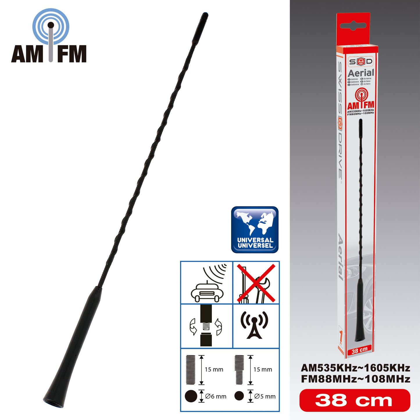 Antena Radio Automóvel Universal 38cm negra com adaptador blister
