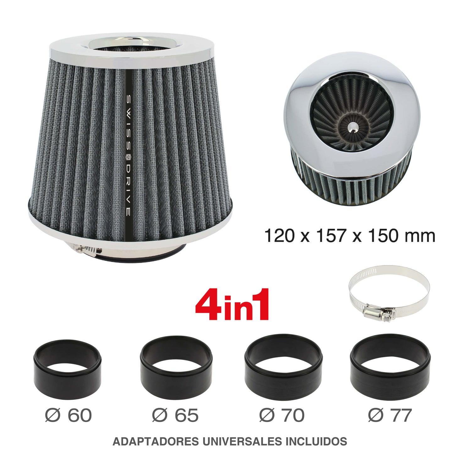 Filtro de Ar SWISS DRIVE " Stream Air " Universal C/ Adaptador Cinza