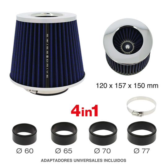 Filtro de Ar SWISS DRIVE" Stream Air " Universal C/ Adaptador Azul Escuro
