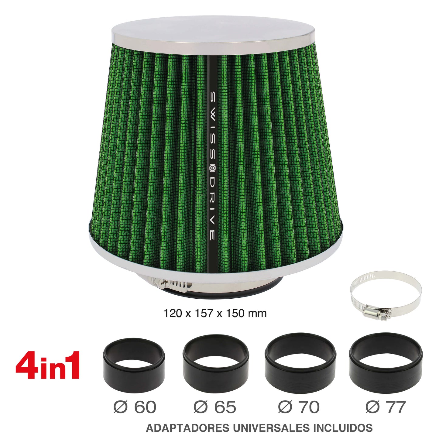 Filtro de Ar SWISS DRIVE" Chrome Cover " Universal C/ Adaptador Verde