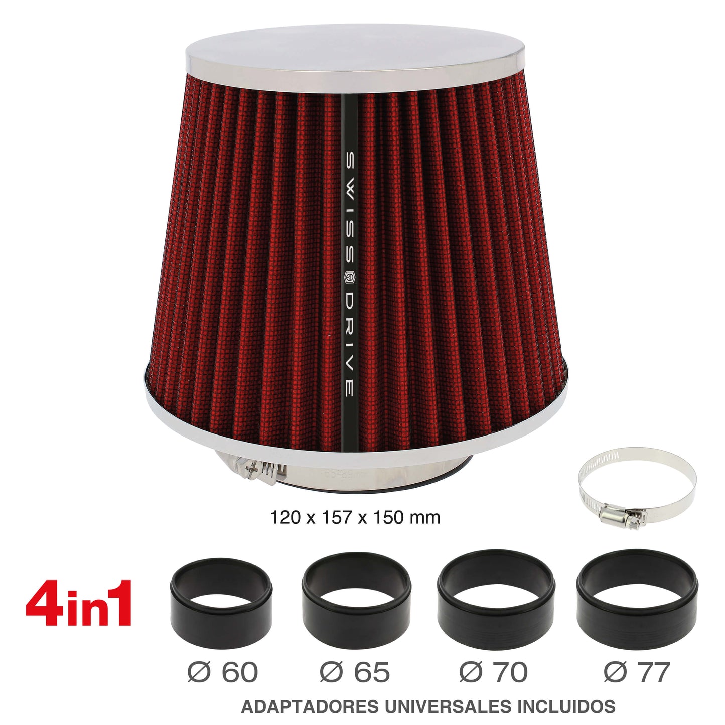Filtro de Ar SWISS DRIVE " Chrome Cover " Universal C/ Adaptador Vermelho