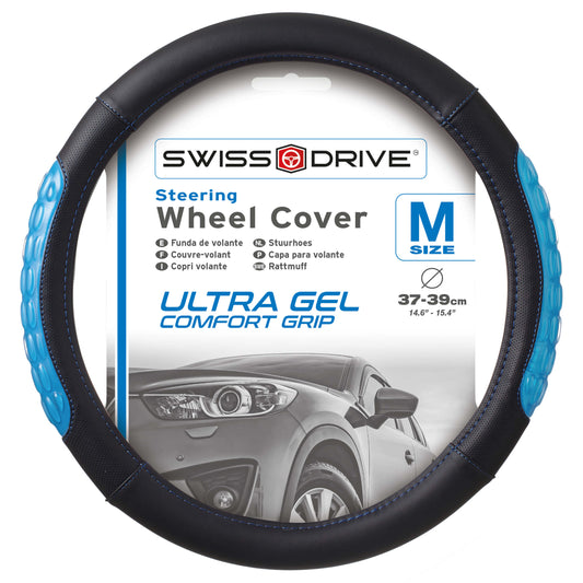 Capa de Volante AUTO " SWISS DRIVE" ULTRA GEL Preta/ Azul Tamanho 37-39 cm