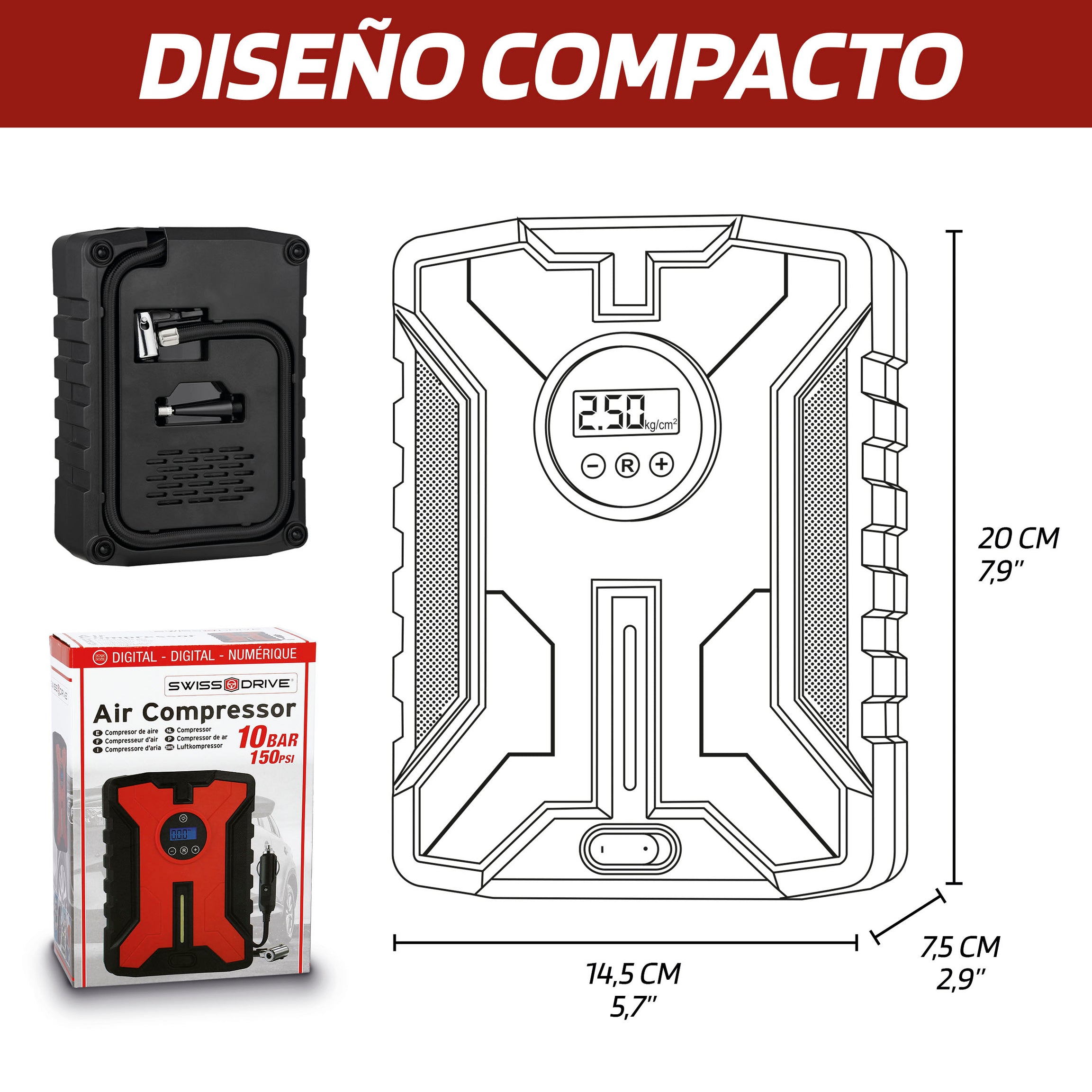 Compressor AR Pneus Digital  SWISS DRIVE 12V 10 BAR/ 150 PSI