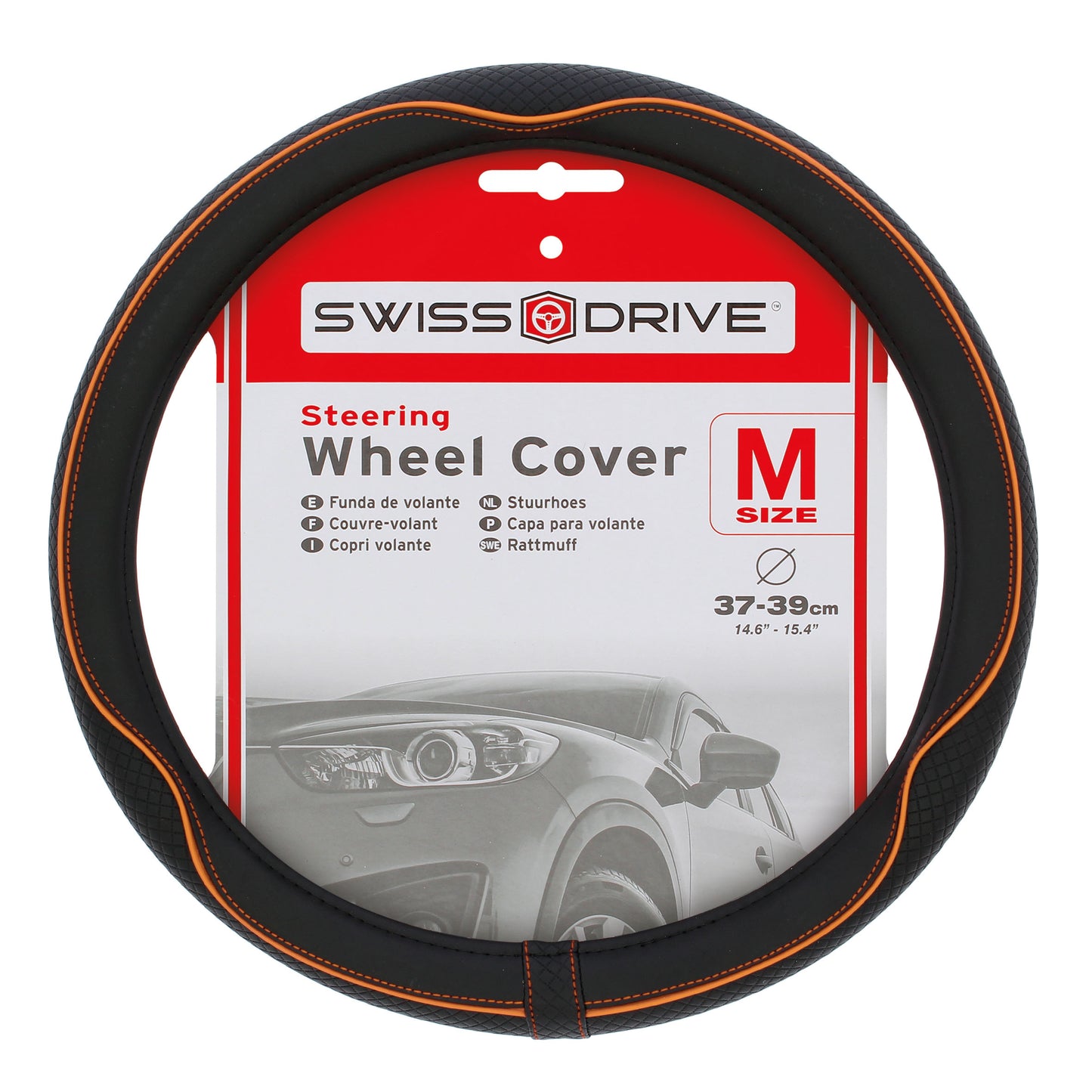 Capa de Volante AUTO " SWISS DRIVE" Preta com cor Risca Laranja Tamanho M 37-39 cm
