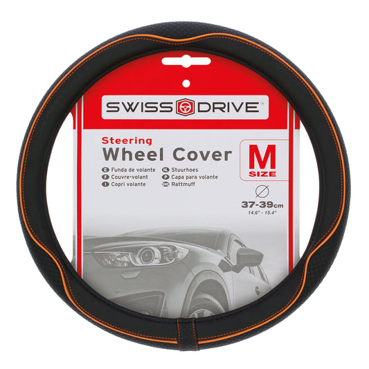 Capa de Volante AUTO " SWISS DRIVE" Preta com cor Risca Laranja Tamanho M 37-39 cm
