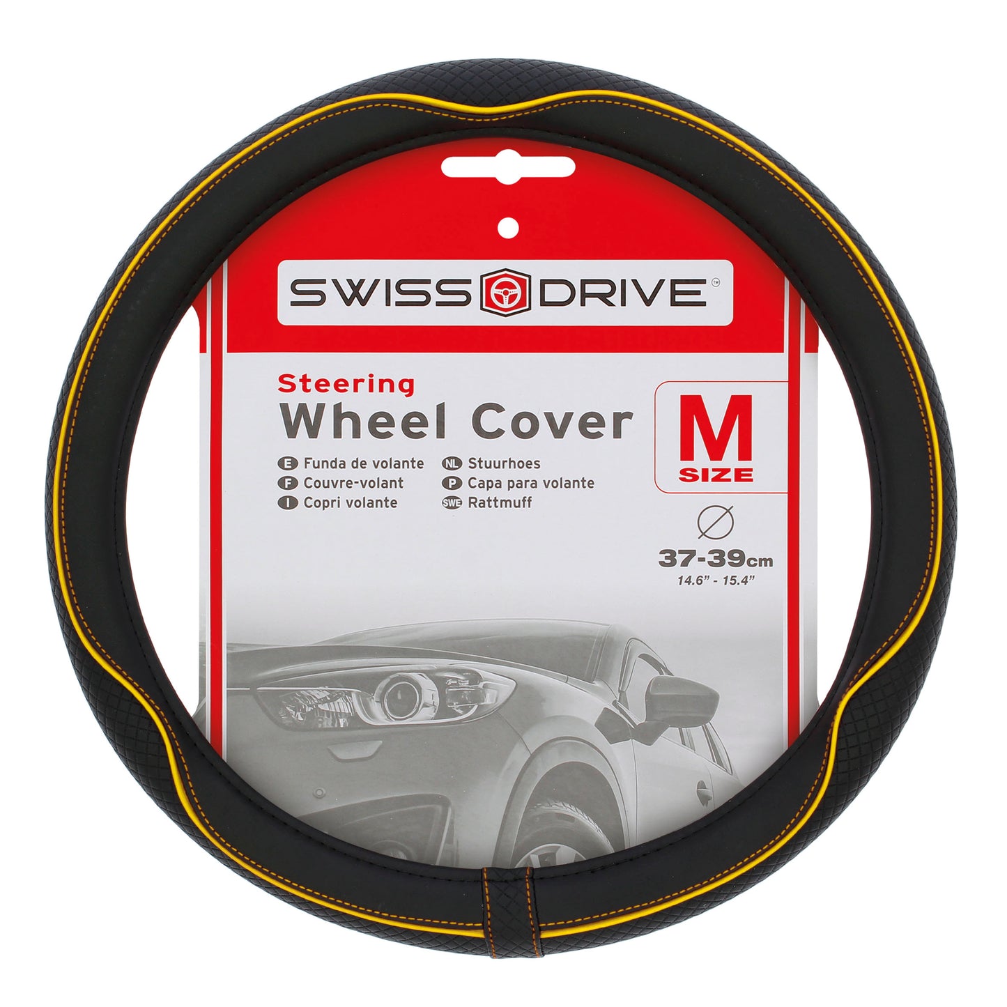 Capa de Volante AUTO " SWISS DRIVE" Preta com cor Risca Amarela Tamanho M 37-39 cm