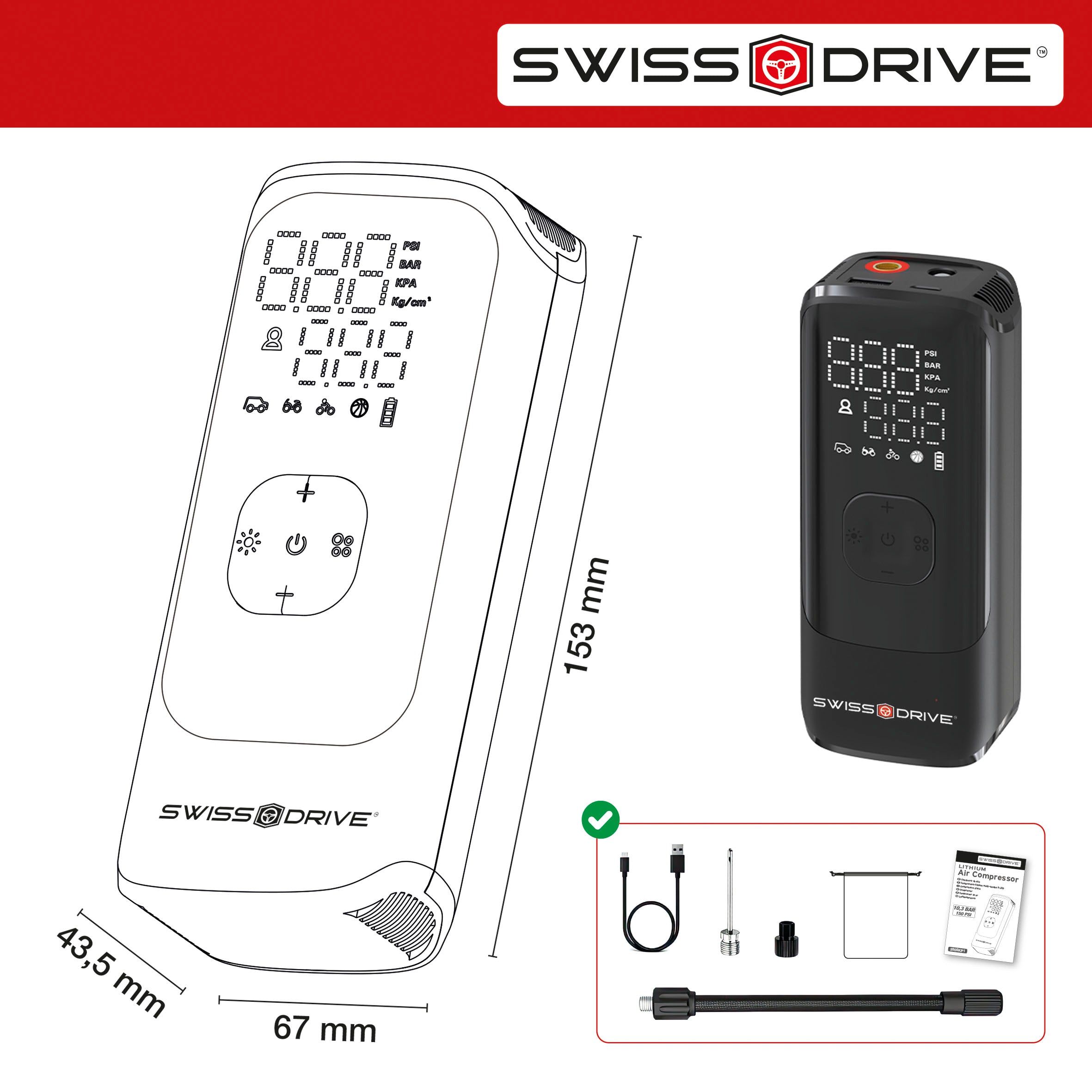 Compressor de Ar de Pneus Bateria Lithium, SWISS DRIVE 14,80 Wh