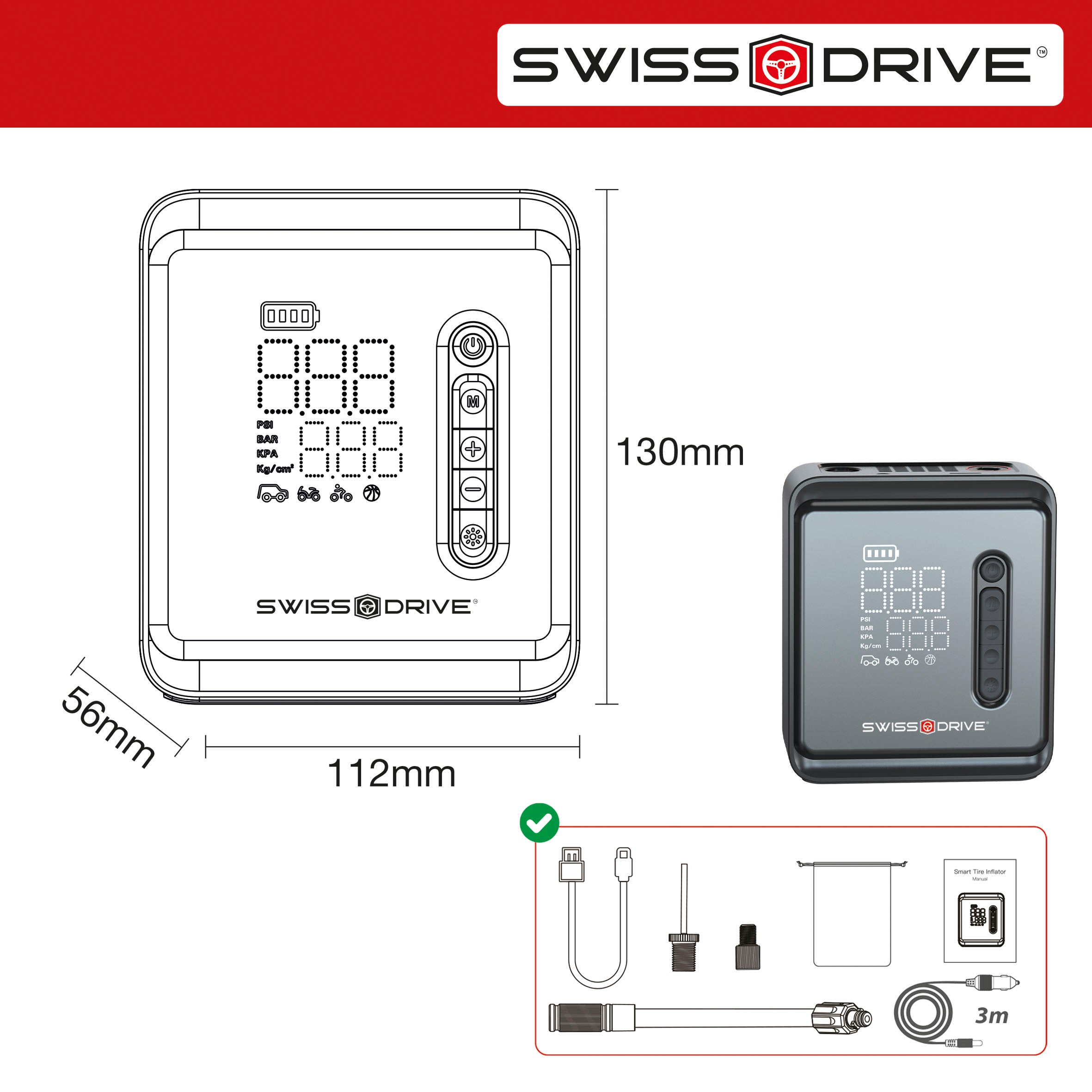 Compressor de Ar Pneus Bateria Lithium SWISS DRIVE 28,86 Wh