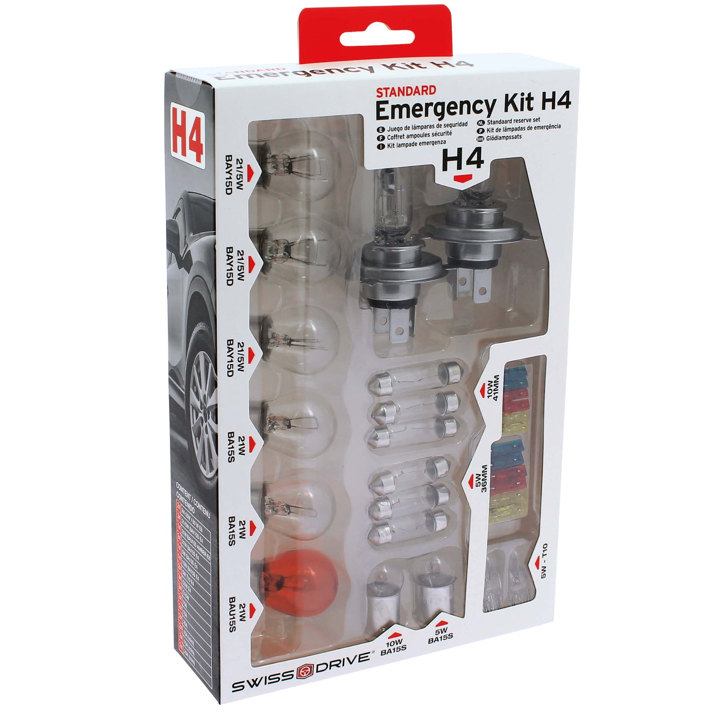 Conjunto de Lâmpadas SWISS DRIVE Homologadas H4 12V + Fusíveis 30 Peças
