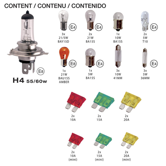 Conjunto de Lâmpadas SWISS DRIVE Homologadas H4 12V + Fusíveis 30 Peças