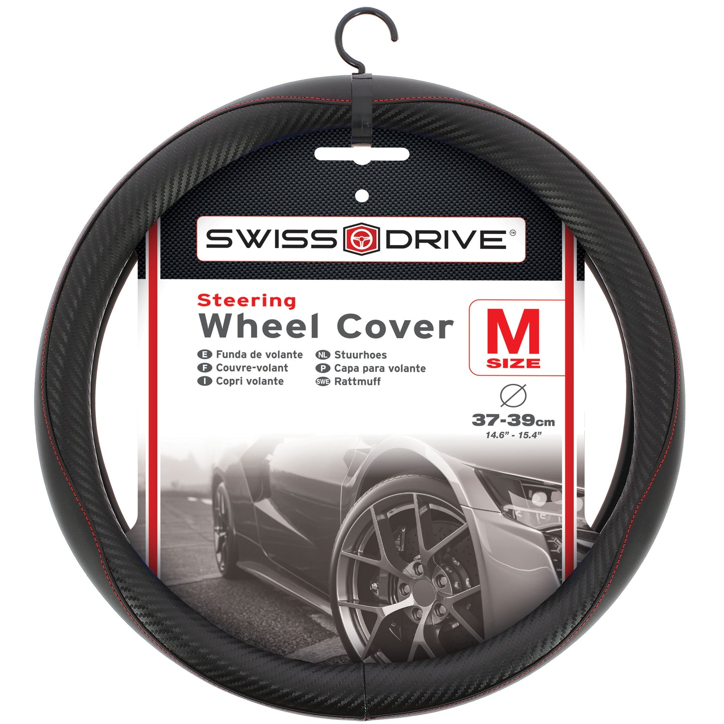 Capas de Volante PVC AUTO " RACE SPORT" cor Carbono Negra/ Vermelha Tamanho M 37-39 cm