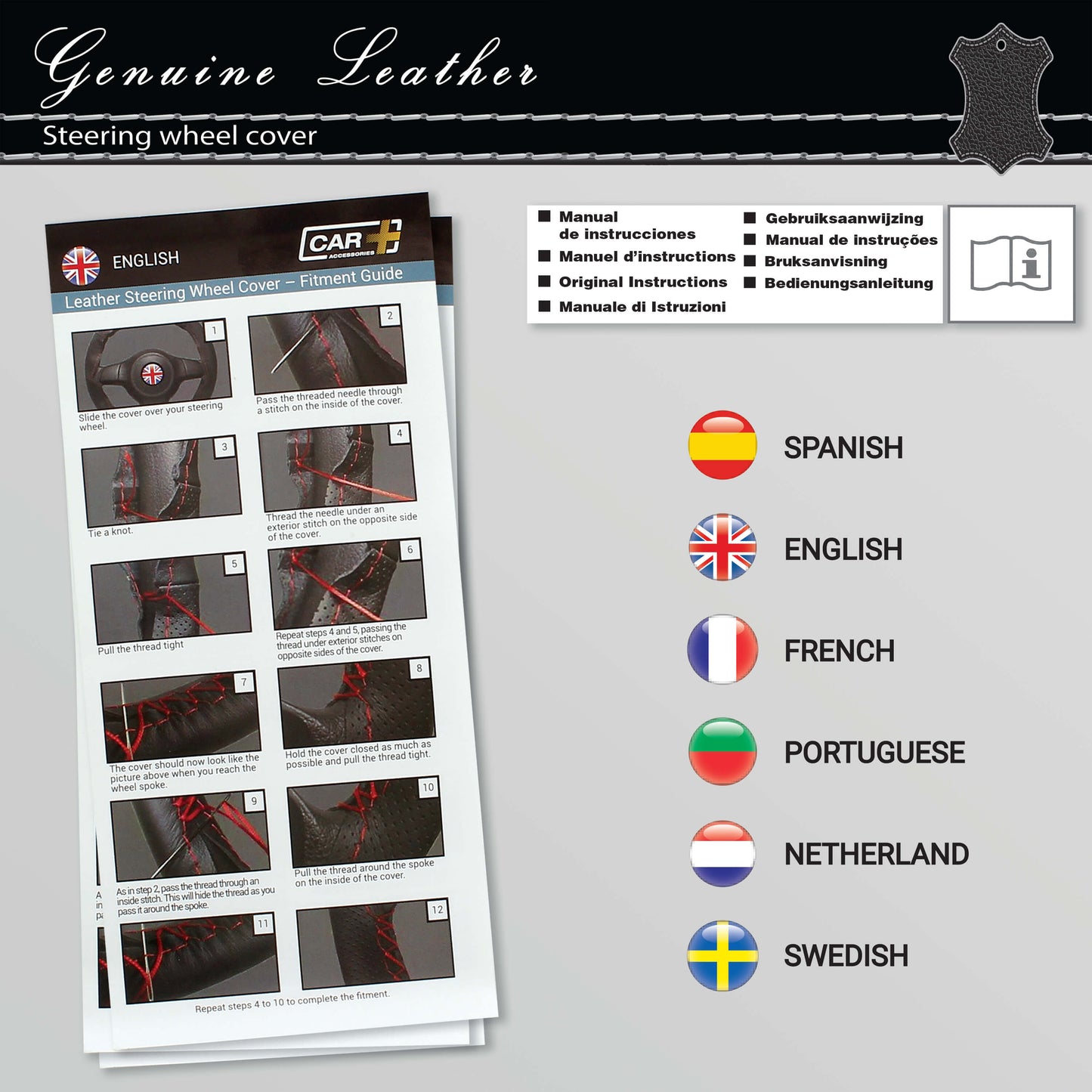 Capa de Volante AUTO para Costurar " CAR+"  em Pele com Linha cor Vermelha 37-39 cm