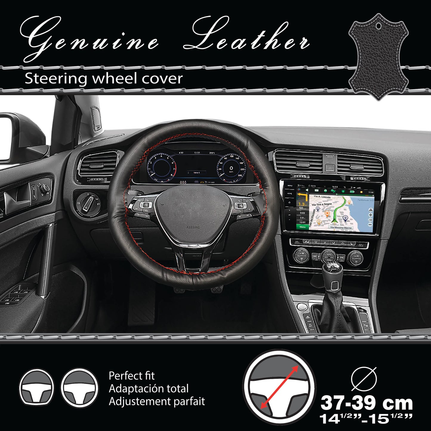 Capa de Volante AUTO para Costurar " CAR+"  em Pele com Linha cor Vermelha 37-39 cm