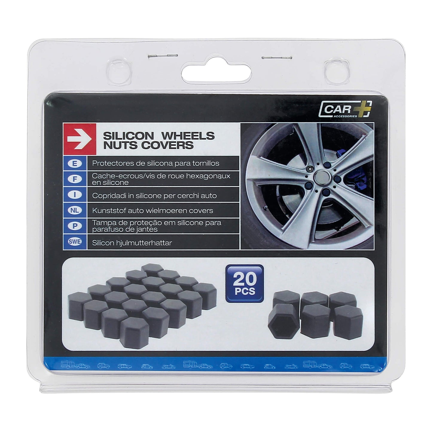 Tampas de Proteção em Silicone CAR + Preta P/ Pernos Roda Automóvel 17 mm