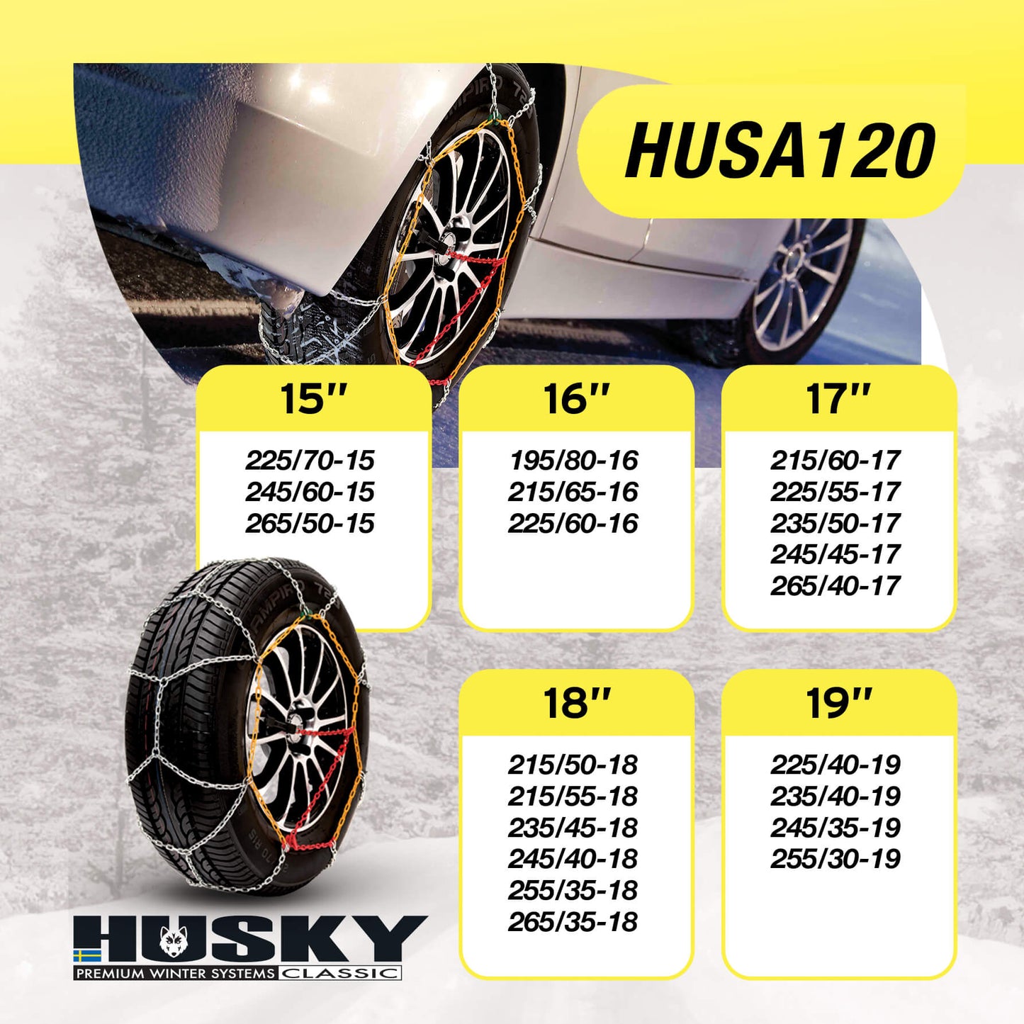 Correntes de Neve Pneus Auto HUSKY Diâmetro 15" 9mm KN120 2 UND