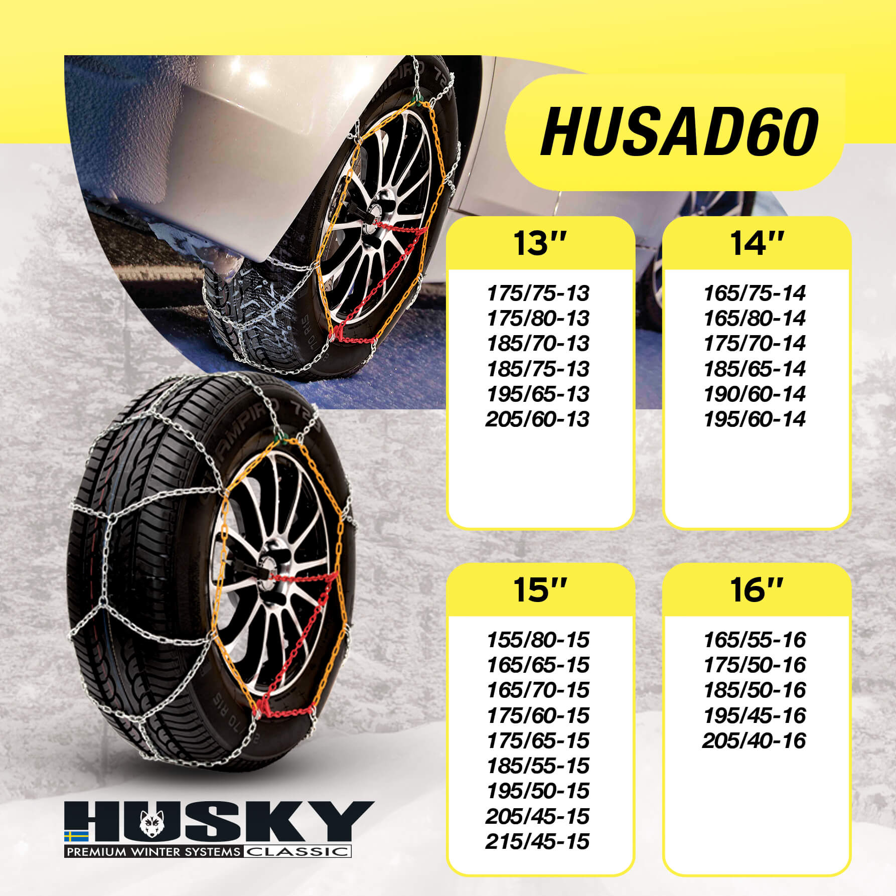 Correntes de Neve Pneus Auto HUSKY Diâmetro 16" 9mm KN60 2 UND