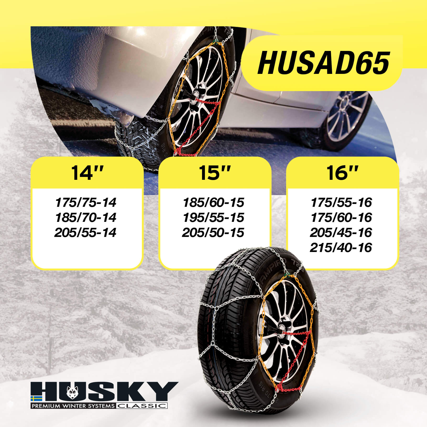 Correntes de Neve Pneus Auto HUSKY Diâmetro 16" 9mm KN65 2 UND