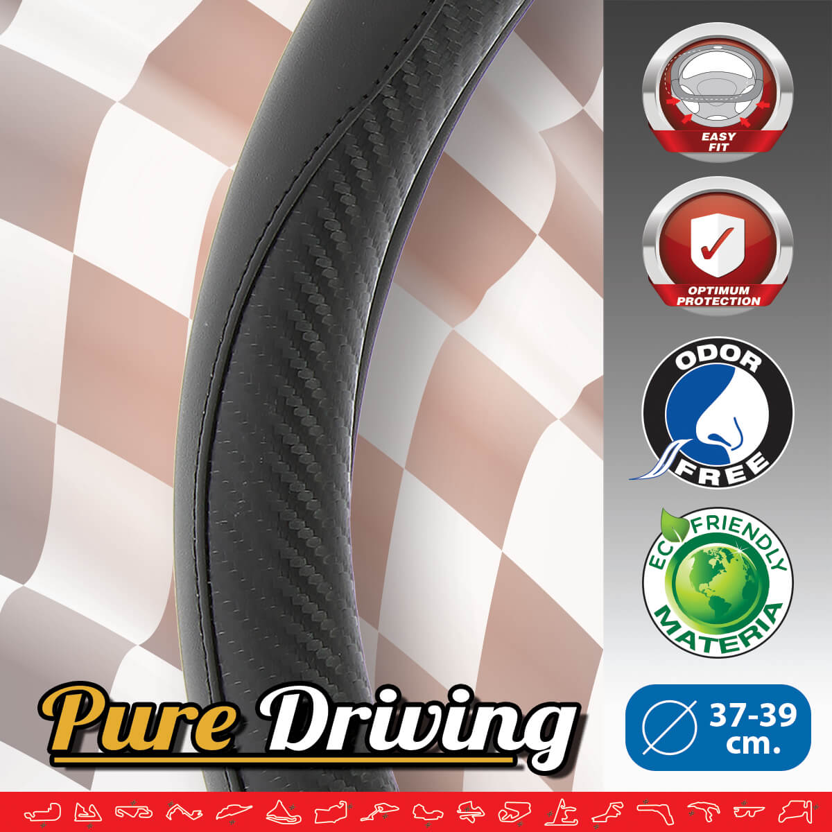 Capas de Volante PVC AUTO " RACE SPORT" cor Carbono Negra Tamanho M 37-39 cm