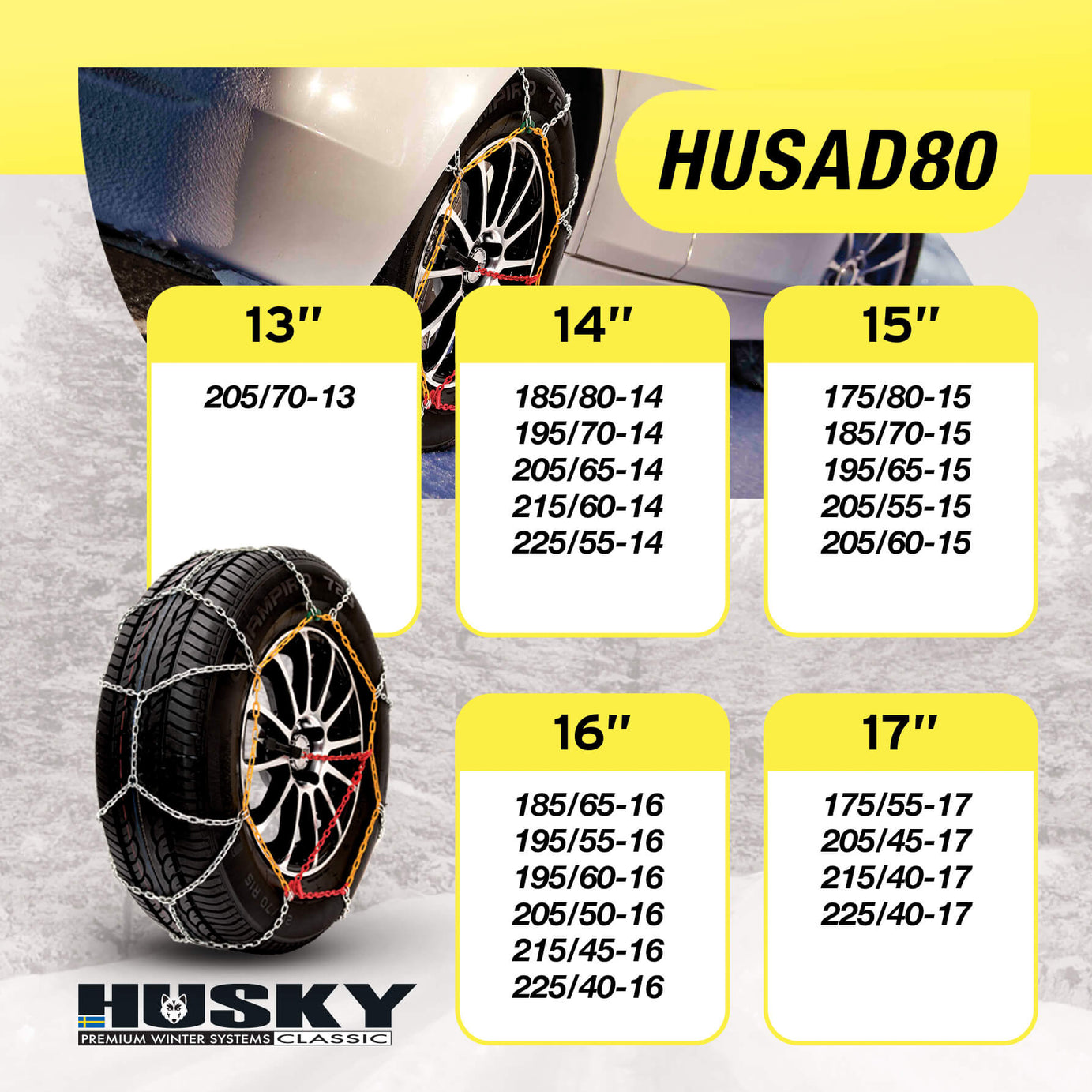 Correntes de Neve Pneus Auto HUSKY Diâmetro 13" 9mm KN80 2 UND