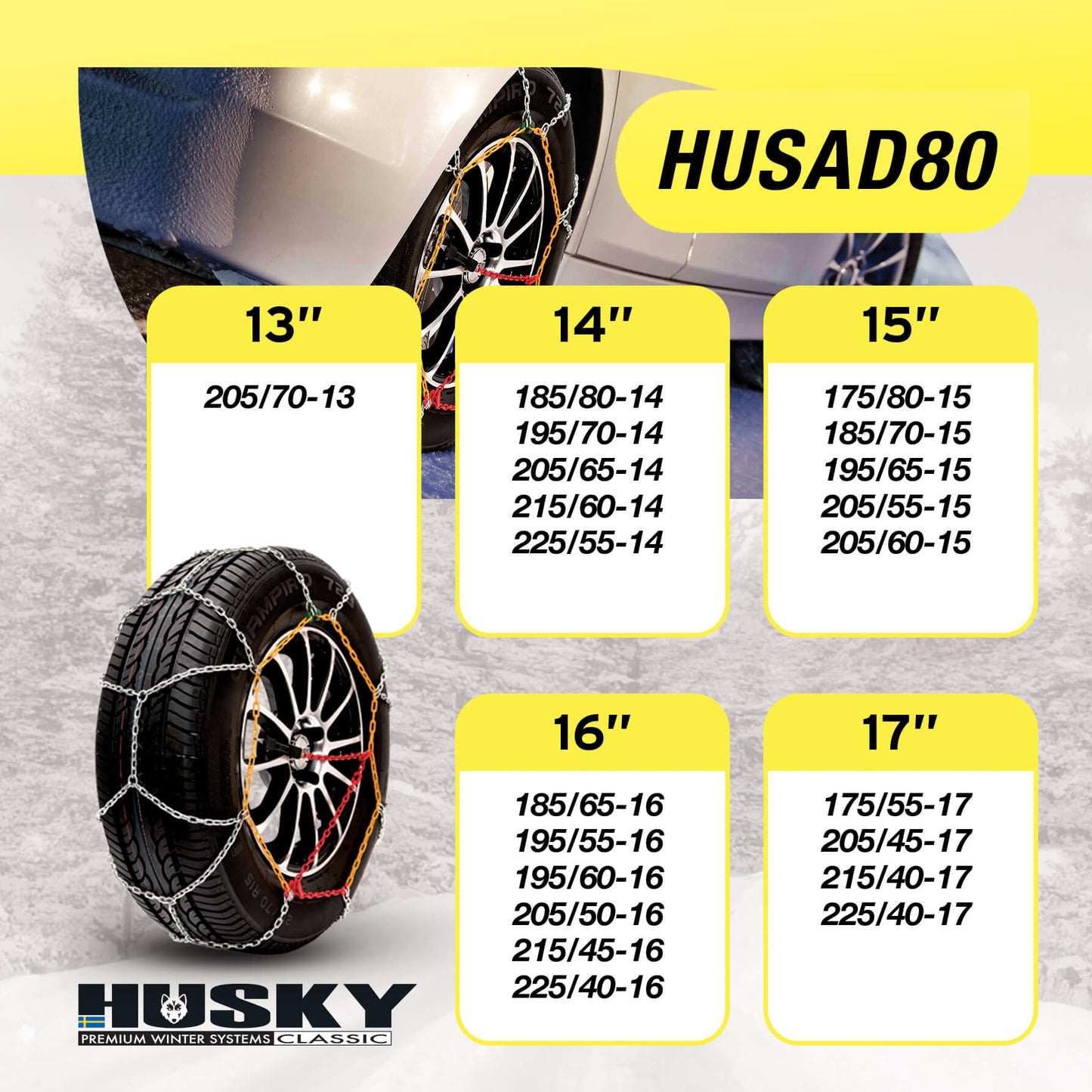 Correntes de Neve Pneus Auto HUSKY Diâmetro 15" 9mm KN80 2 UND