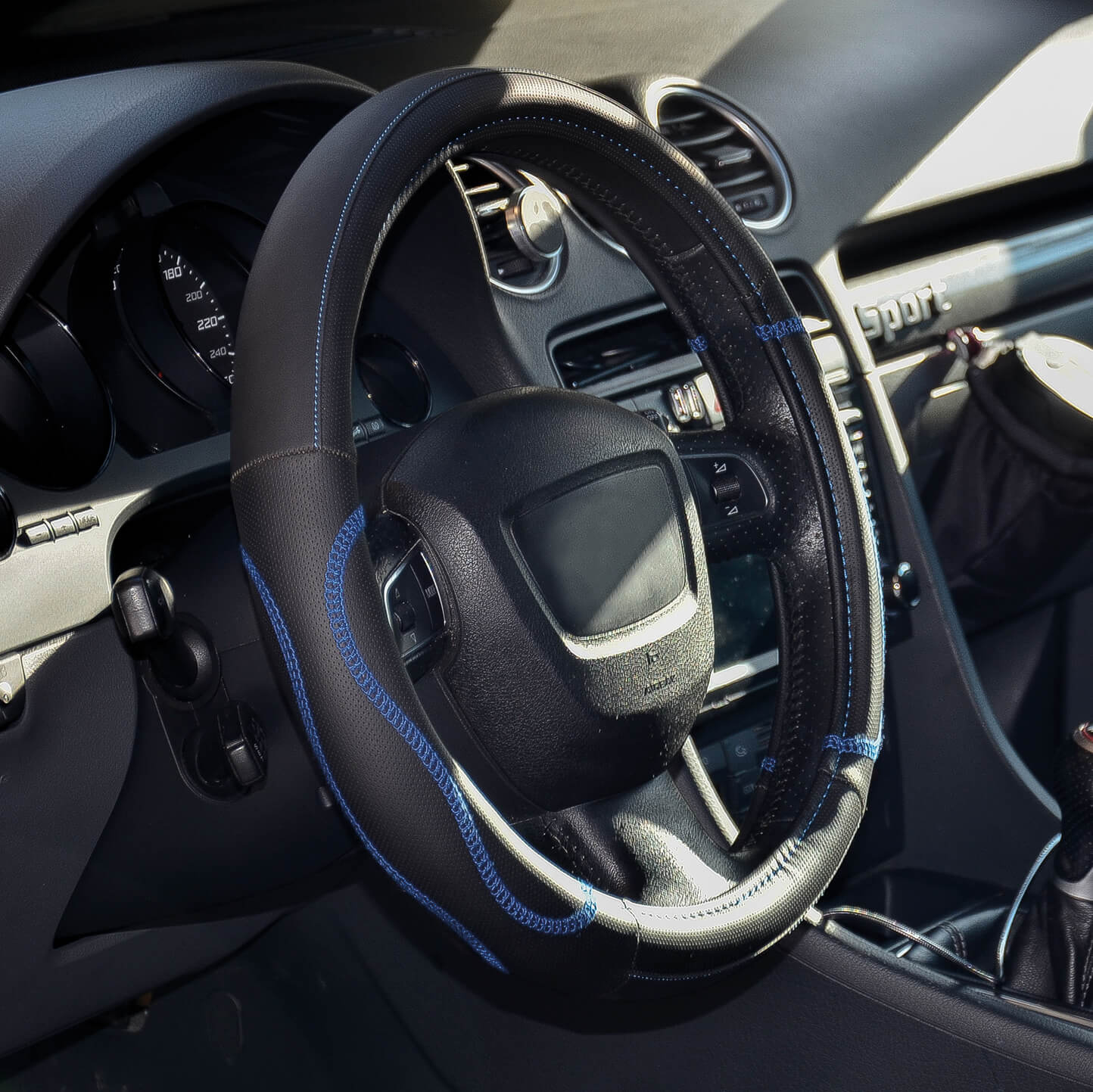 Capas de Volante AUTO " CAR+" Negra/ Azul Tamanho M 37-39 cm