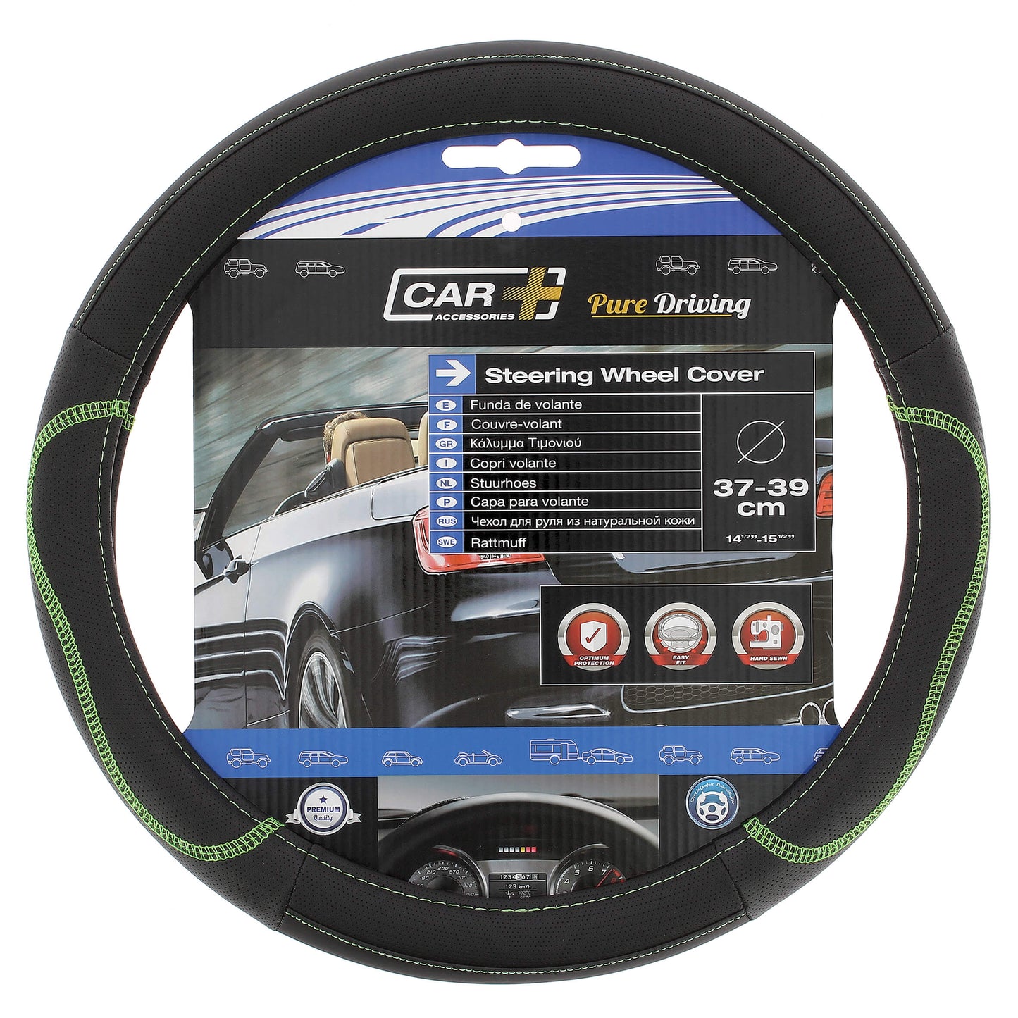 Capas de Volante AUTO " CAR+" Negra/ Verde Tamanho M 37-39 cm