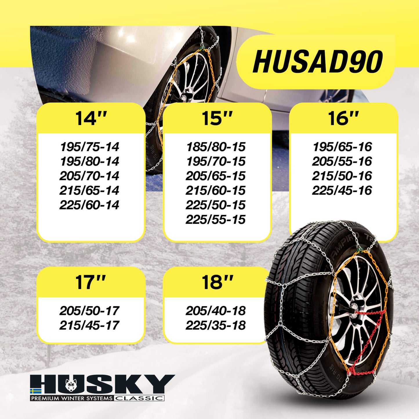 Correntes de Neve Pneus Auto HUSKY Diâmetro 15" 9mm KN90 2 UND