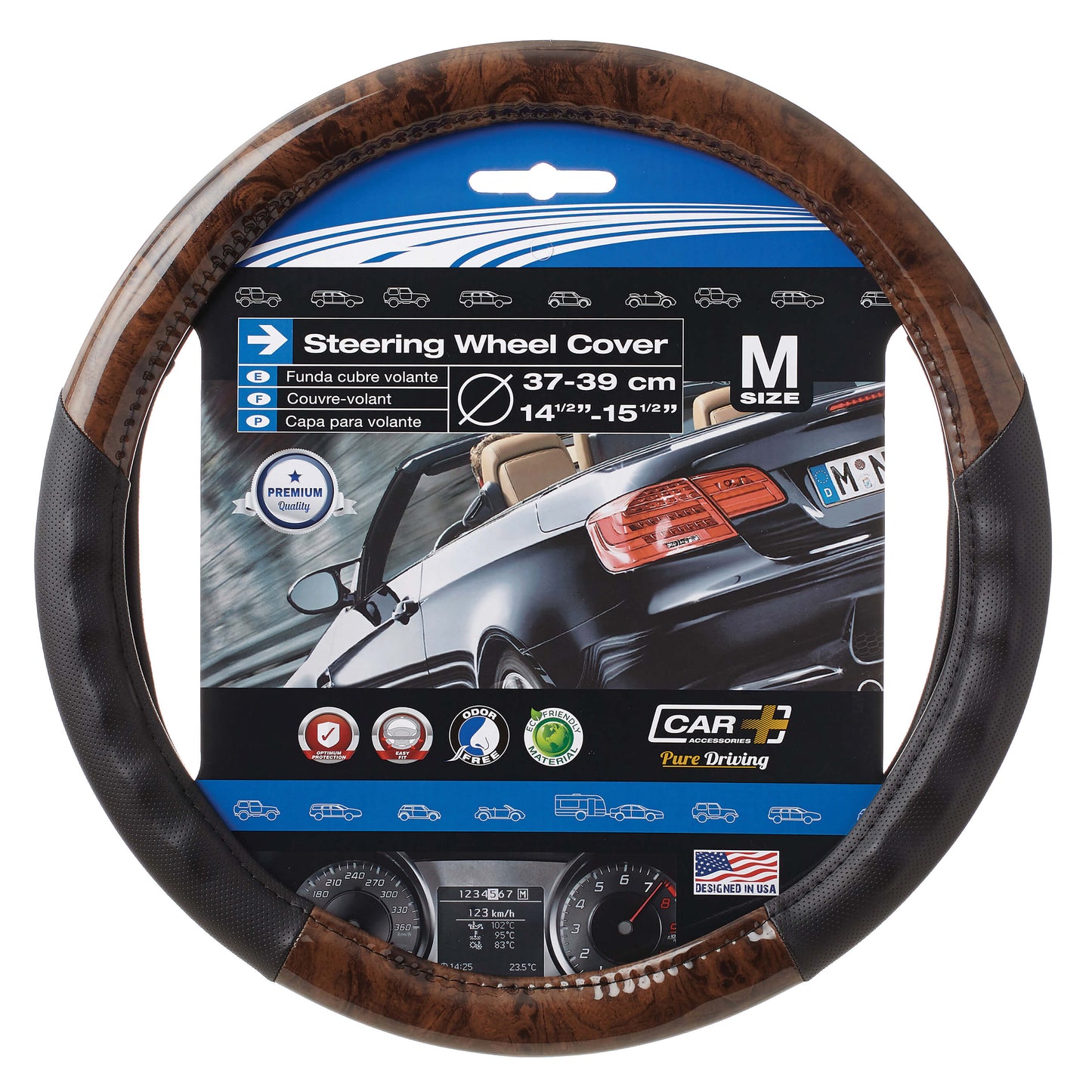 Capas de Volante AUTO "CAR +"  LOOK Preto + Madeira escura Tamanho M 37-39 cm