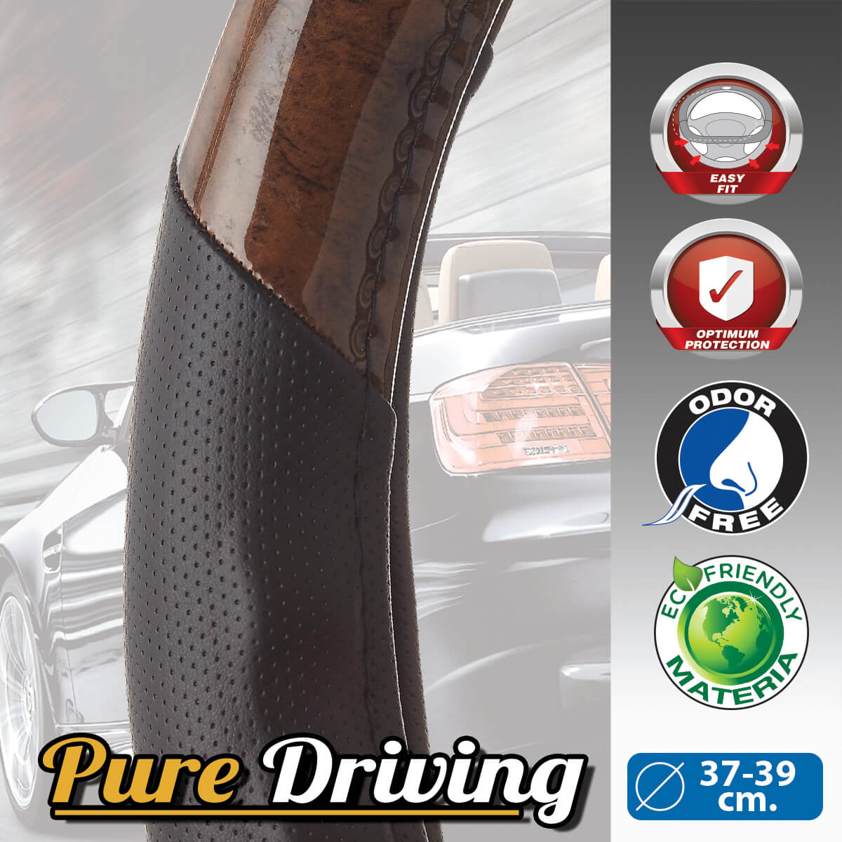 Capas de Volante AUTO "CAR +"  LOOK Preto + Madeira escura Tamanho M 37-39 cm