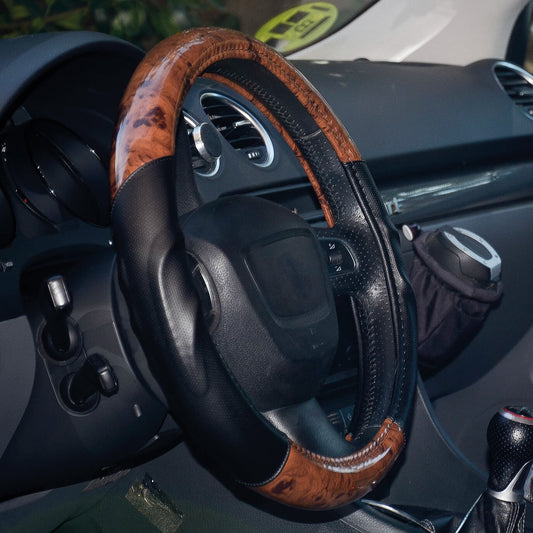 Capas de Volante AUTO "CAR +"  LOOK Preto + Madeira escura Tamanho M 37-39 cm