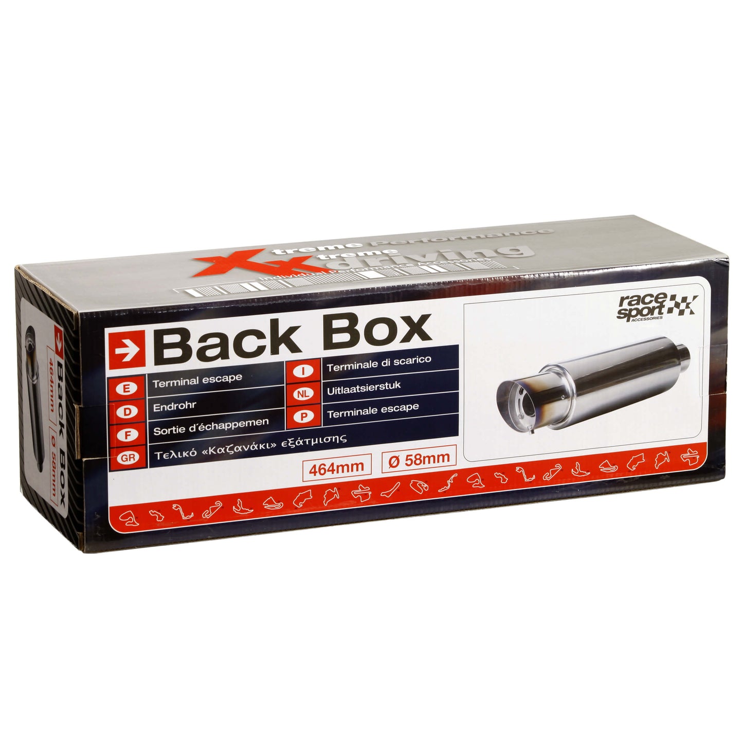 Panela de Escape RACE SPORT universal. 464x 58mm 100% inox c/ saída fumada + silenciador