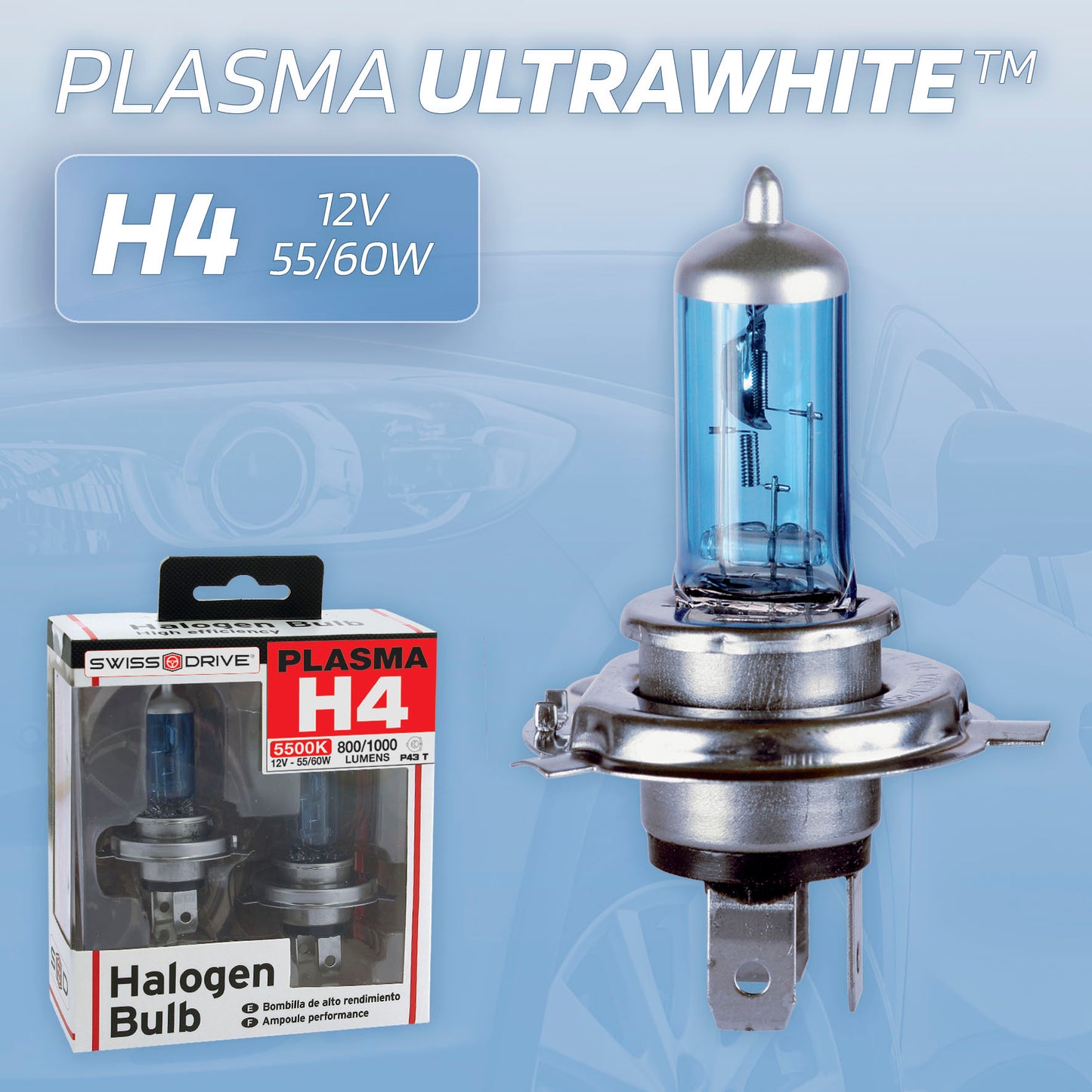 Lâmpadas Luz Xénon RACE SPORT ULTRAWHITE H4 12V 60/65W 4100K  Base P43T 2 Peças