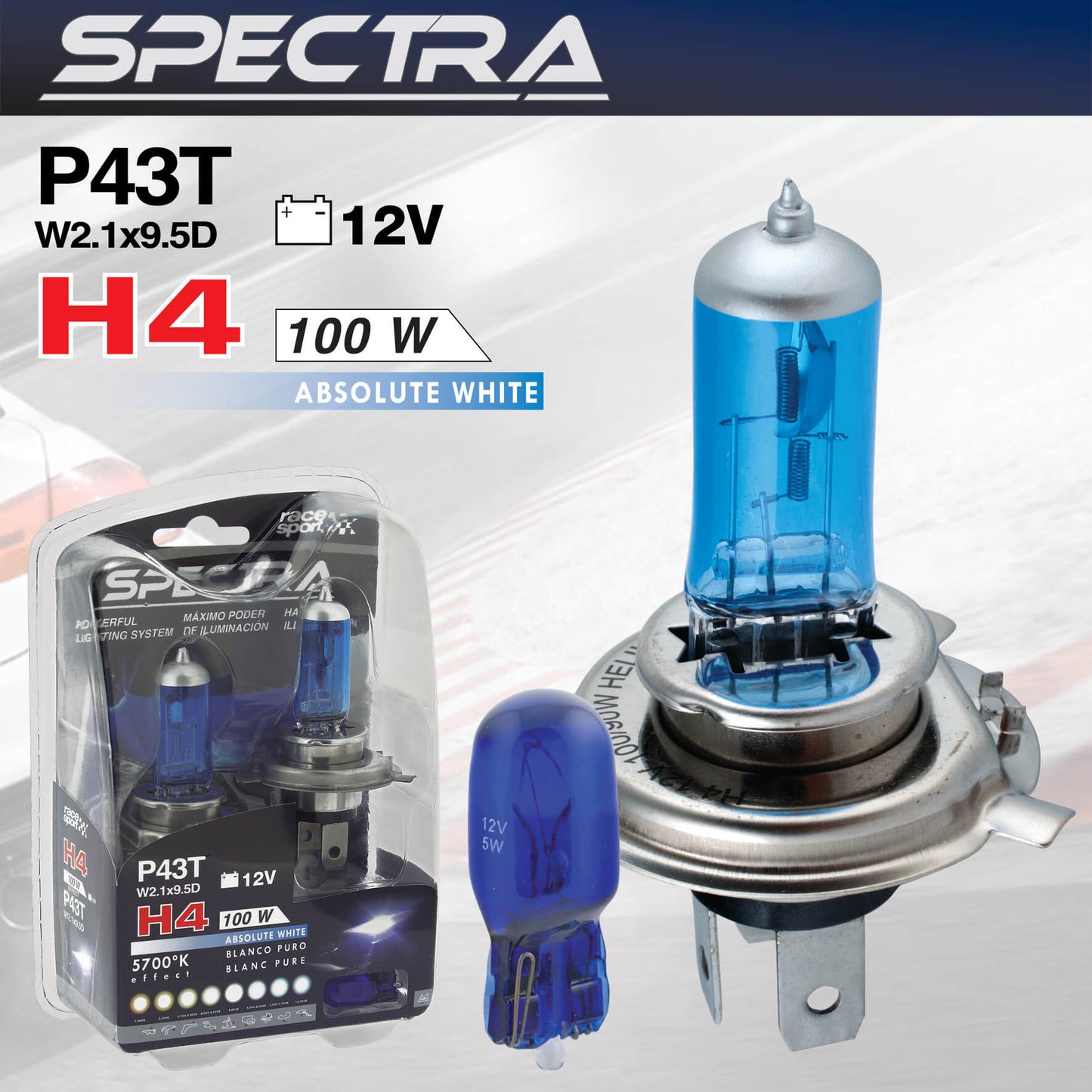 Lâmpadas Luz Xénon RACE SPORT SPECTRA H4 12V 100W 5700K Base P14.5S + Lâmpada T10  3 Peças