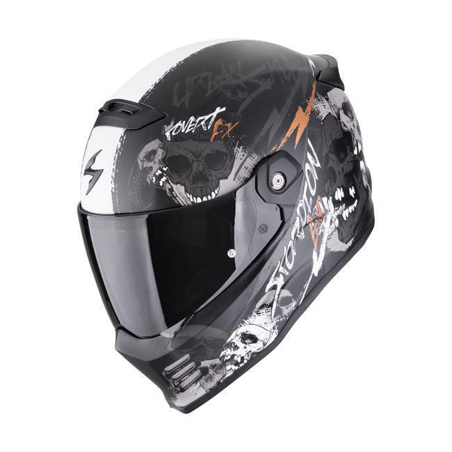 Capacete Scorpion Covert FX Skullz preto fosco-cinza-dourado