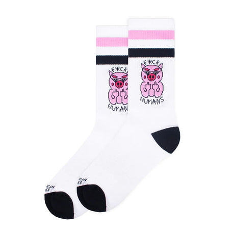 Meias americanas Mid High F*ck Humans meias listras rosa/pretas