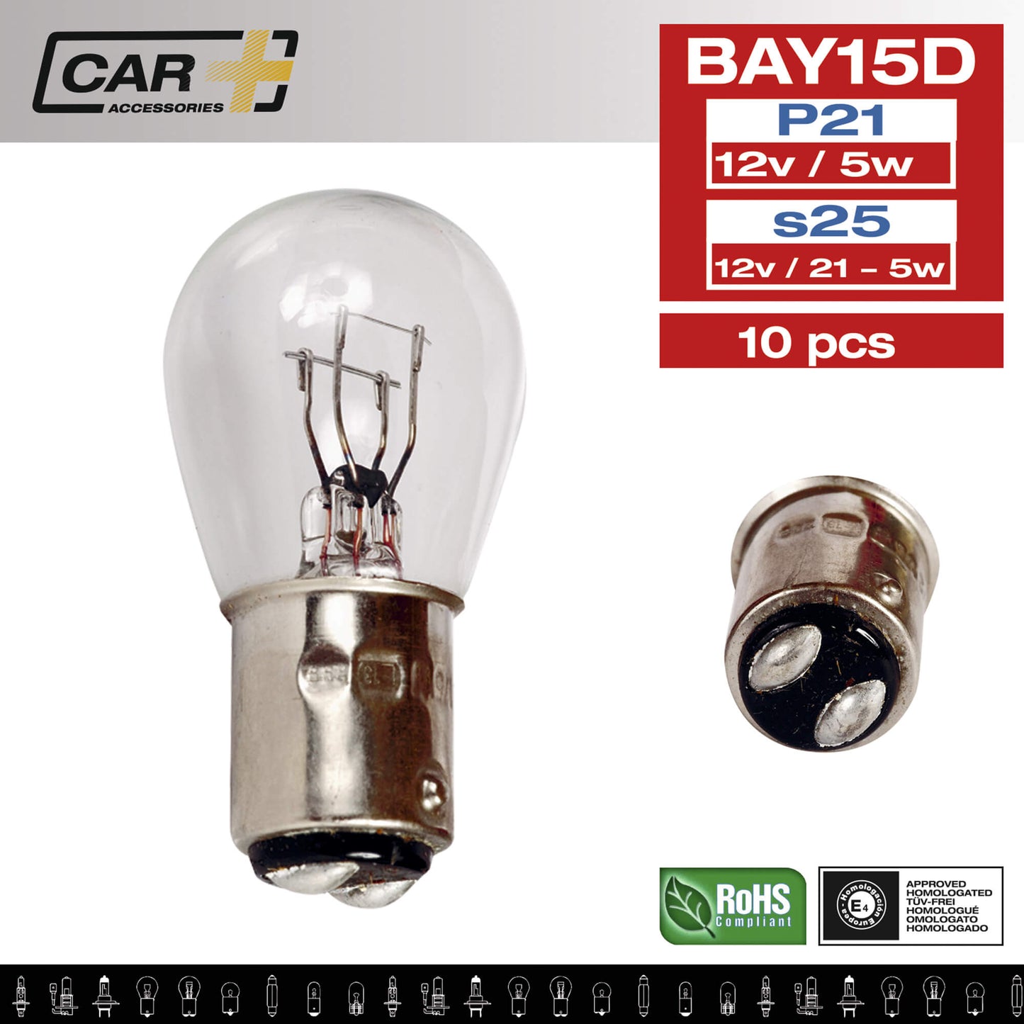 Lâmpadas Luz Original CAR + 2 Polos P21/ 5W 12V 21/5W 3300K Base  BAY1  10 Peças IN BOX