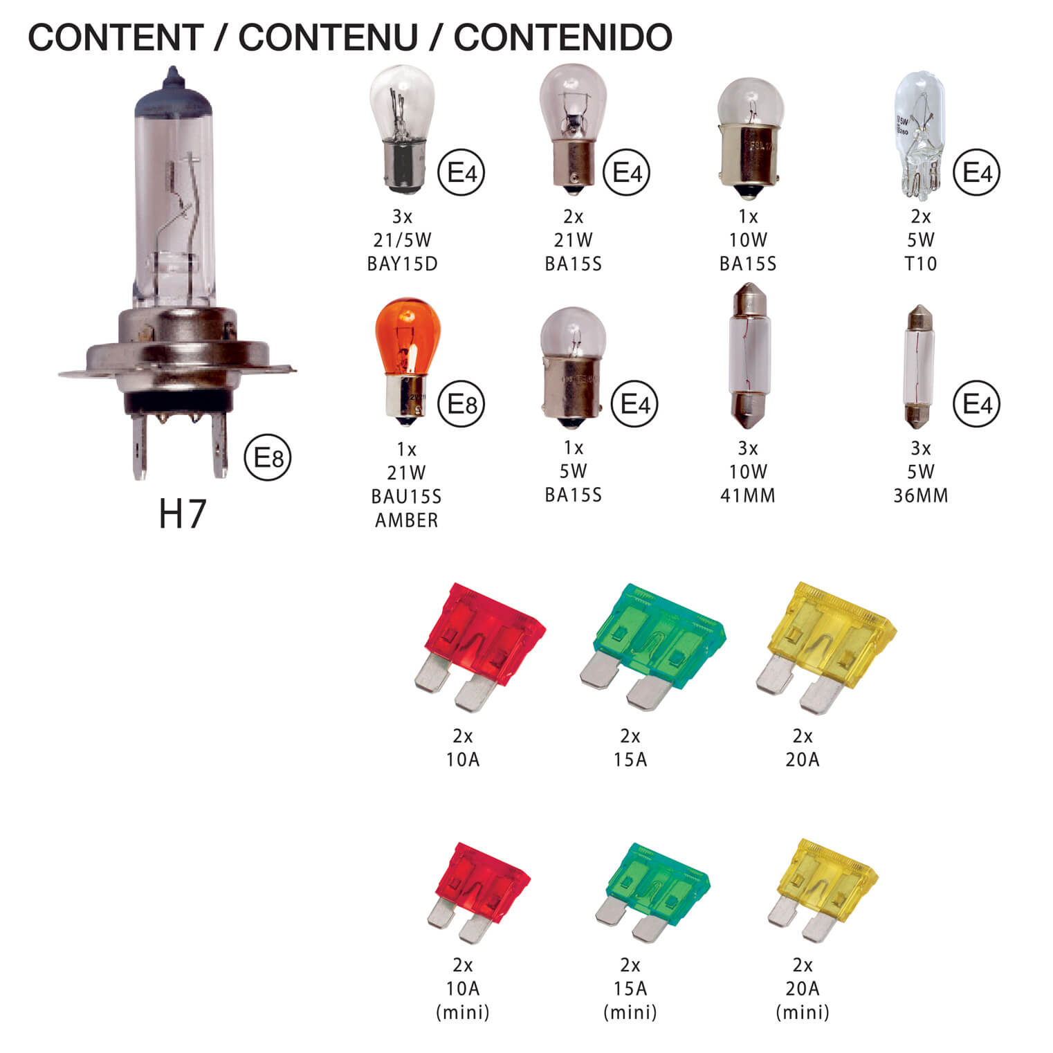 Conjunto de Lâmpadas homologadas H7 12 V  9 Lâmpadas + 6 Fusíveis