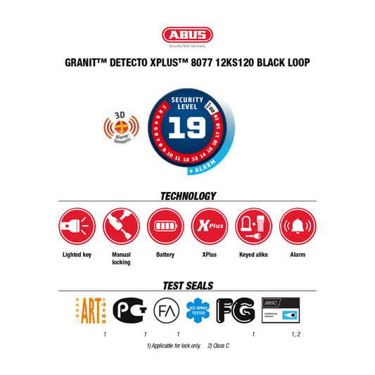 Abus, cadeado Granit Detecto X-plus 8077 e corrente preta